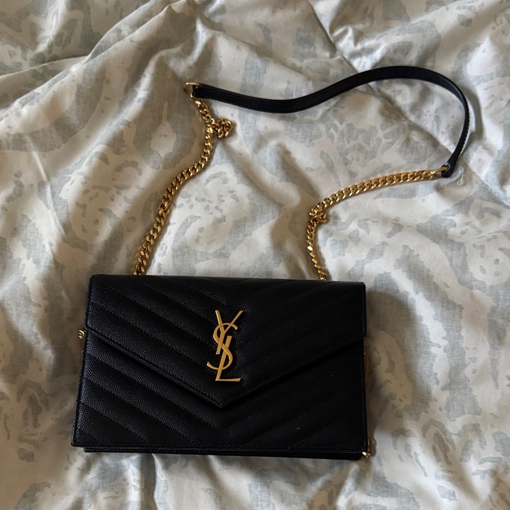 Yves Saint Laurent Black Chevron Crossbody with Gold Chain